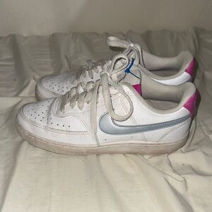 White court vision low with pink and blue/silver swoosh